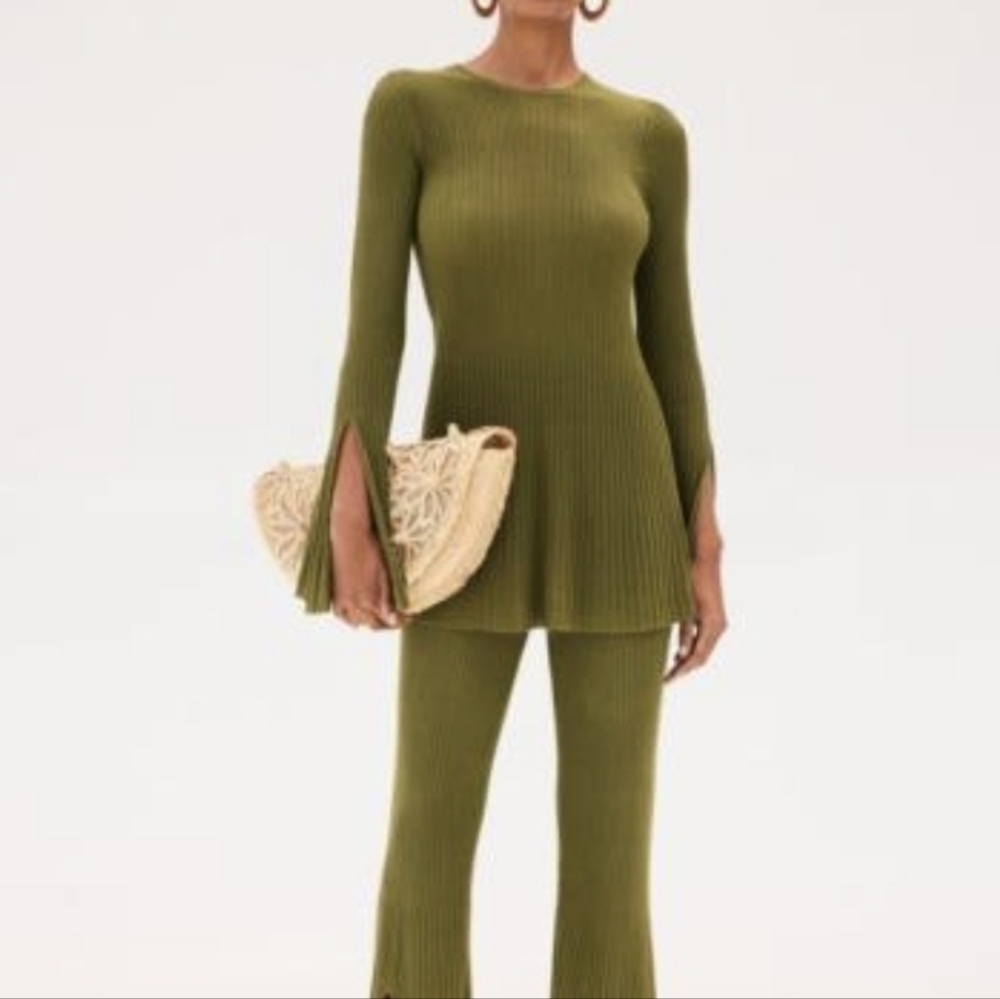 Cult Gaia Kasia Flared Sleeve Stretch Knit Green Ribbed Top Size XS